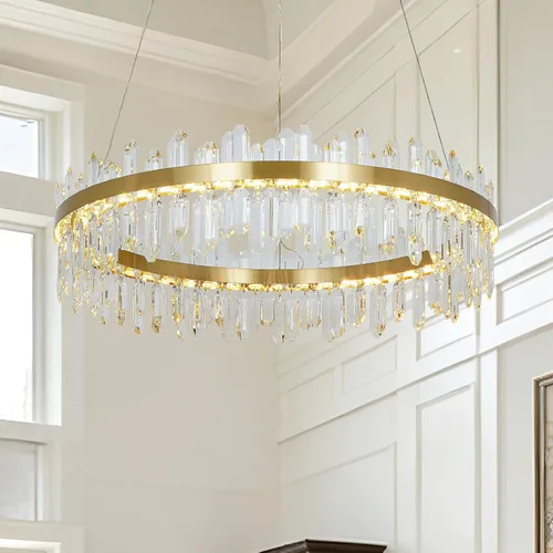 Vista 11 de Lámpara de araña de cristal moderna, luces colgantes cromadas, lámparas de techo con pantalla de acero inoxidable, para isla, comedor, sala