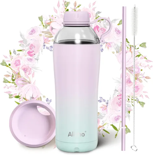 Vista 19 de Bow - Botella de agua aislada para mujeres, botellas de agua de acero inoxidable de 18 oz, de doble pared, 2 tapas (para beber y vaso) - Hidrata