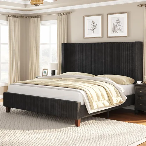 Vista 12 de VanAcc - Base de cama tapizada de pana tamaño Queen con cabecera de ala Crema