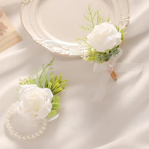 Vista 7 de Garisey Flores Artificiales Rosas Blancas Flores de Muñeca y Boutonniere para Hombres Flores de Boda Ceremonia Baile de Graduación