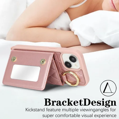 Vista 4 de Funda para iPhone 14 con tarjetero y correa para mujer, cordón cruzado, espejo de maquillaje, soporte de anillo, cierre a presión, bonitas fundas
