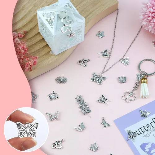 Vista 4 de JIALEEY Dijes de mariposa para hacer joyas y manualidades, 60 dijes de mariposa chapados en plata tibetana, aleación, Aleación.