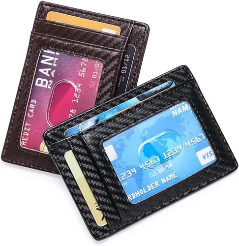 Vista 6 de CCBUY Carteras delgadas de cuero para hombres y mujeres, tarjetero de identificación de crédito, monedero, cartera de fibra de carbono mini