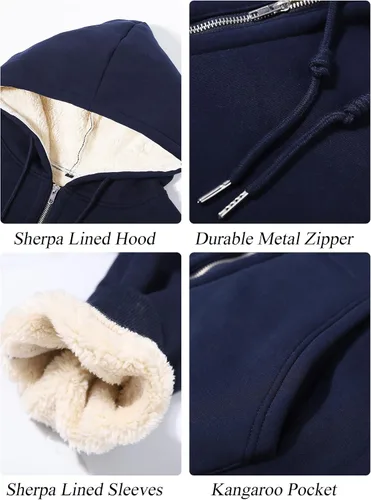 Vista 8 de Flygo Chaqueta con capucha Sherpa para hombre, forro polar, con cremallera, cálida, sudadera con capucha para invierno