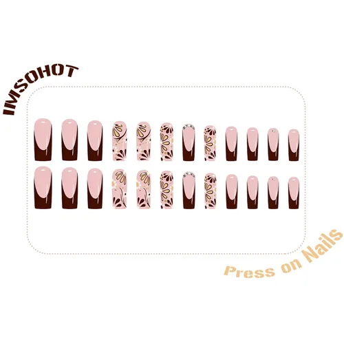 Vista 6 de IMSOHOT Uñas postizas largas cuadradas con diseños de flores, color marrón brillante, nude, uñas postizas de cobertura completa, puntas de uñas