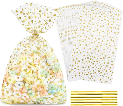 Vista 11 de 100 bolsas de celofán, bolsas de celofán transparente impresas con estrellas doradas de 3 x 5 pulgadas, 100 lazos giratorios, para envolver regalos