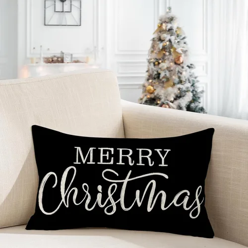 Vista 5 de Funda de almohada lumbar de Navidad negra de 12 x 20 pulgadas para decoraciones de Navidad, fundas de almohada de Feliz Navidad, fundas de cojín