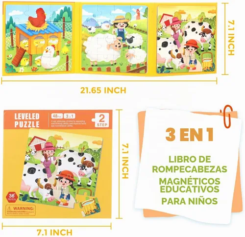 Vista 4 de Rompecabezas magnéticos para niños pequeños de 1 a 3 años, 3 en 1, divertido rompecabezas de granja, rompecabezas de viaje para niños, juguete