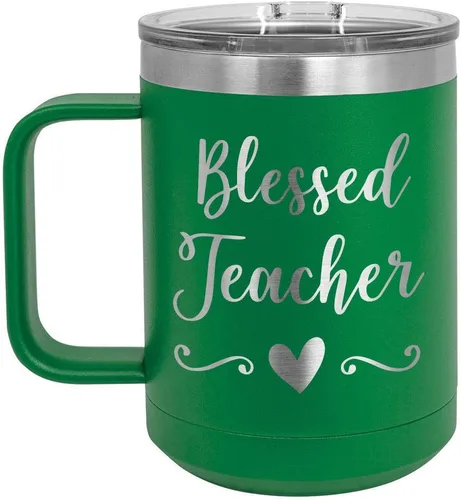 Vista 17 de BLESSED TEACHER Negro 15 oz Taza de café w/tapa deslizante Taza de café de viaje aislada Ideas de regalos de cumpleaños o Navidad de mujeres u