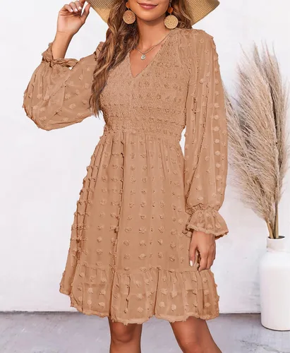 Vista 2 de BTFBM Vestido corto fruncido de manga larga con cuello en V para mujer, estilo casual, con volantes, mini babydoll para primavera y verano 2023