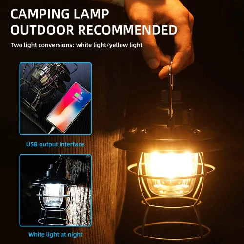 Vista 3 de Linterna LED vintage, linterna de ferrocarril recargable por USB, linterna portátil impermeable para campamento al aire libre, linterna de mesa