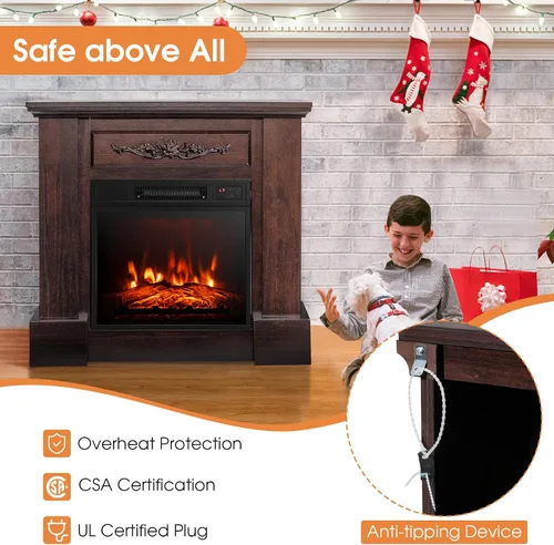 Vista 4 de Tangkula Chimenea eléctrica de 1400 W de 32 pulgadas con chimenea, calentador independiente con efecto de llama 3D, control remoto, termostato