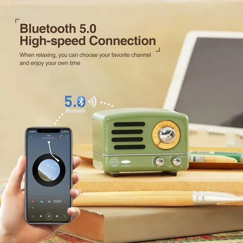 Vista 4 de Muzen Altavoz Bluetooth portátil, pequeño altavoz inalámbrico vintage de metal OTR, radio FM retro con antena AUX, audio estéreo de alta fidelidad