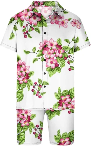 Vista 4 de Muscularfit Camisas hawaianas para hombre, estilo casual, con botones, de manga corta, para verano, conjunto de camisa y pantalones cortos de playa