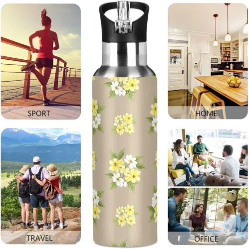 Vista 5 de Stainless Steel Vacuum Insulated Water Bottle 20 Oz, Leakproof Water Bottles for Gym Outdoor Travel School, Yellow White Flowers Beige