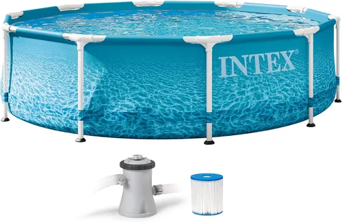 Vista 9 de Intex 28206EH Piscina grande redonda sobre el suelo con paredes laterales reforzadas y marco de metal para patio trasero o uso al aire libre, 10