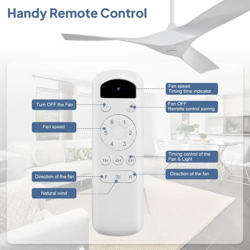 Vista 6 de Sofucor Ventilador de techo blanco de 52 pulgadas sin luz, ventilador de techo moderno con control remoto, 3 aspas de ABS, motor CC reversible sin