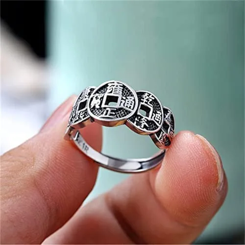 Vista 6 de Anillo de cobre Wufu con moneda de cinco emperadores, anillo de plata con índice retro de la suerte, anillo vintage ajustable para hombres