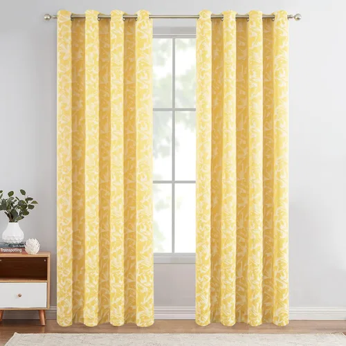Vista 3 de Leeva Cortinas modernas y pesadas para dormitorio, juego de paneles de cortinas con patrón jacquard amarillo brillante para sala de estar, cortinas