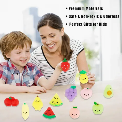 Vista 5 de Cllayees 24 piezas de juguetes esponjosos, juguetes esponjosos Mochi de frutas, mini Kawaii para aliviar el estrés, regalos de fiesta para niños