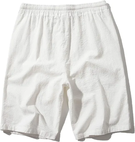 Vista 2 de SIR7 - Pantalones cortos de lino para hombre, corte clásico, cintura elástica con cordón de ajuste, 11.0in