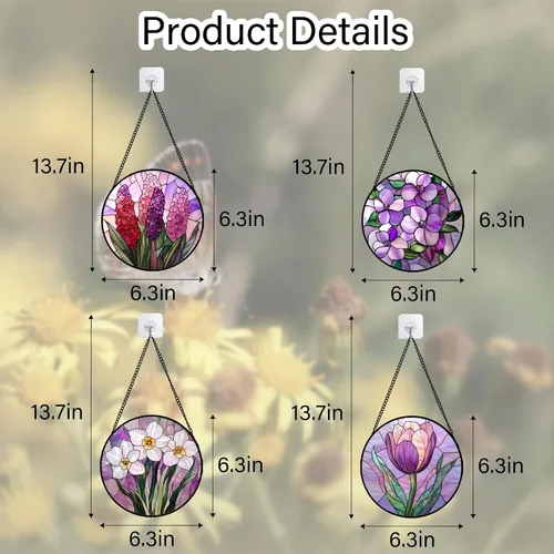 Vista 6 de DASTOLL Conjunto de 4 Piezas de Vidriera Manchada para Colgar en Ventanas, Tema de Flores Púrpuras, 16 cm - Atrapasoles de Tulipán para Puerta Juego