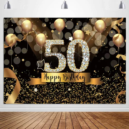 Vista 4 de Sensfun Fondo de fotografía para fiesta de cumpleaños número 50 de 7 x 5 pies, con purpurina, globos negros y dorados para mujer, fabulosa