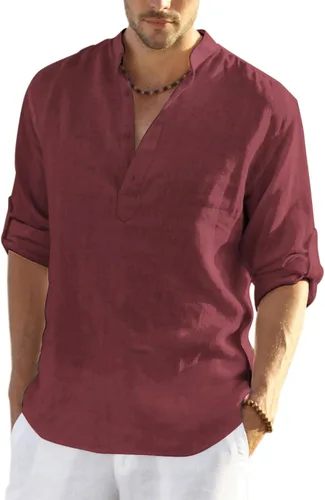 Vista 33 de COOFANDY Camiseta Henley de algodón y lino para hombre, de manga larga, estilo hippie, casual, playera