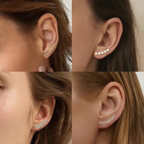 Vista 4 de FIBO STEEL 6 pares de aretes de oruga para mujer, aretes de pluma de hoja lineal de onda lineal