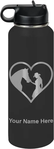 Vista 20 de LaserGram Botella de agua personalizada, corazón de vaquera de caballo, acero inoxidable de doble pared aislada al vacío con popote superior, regalo