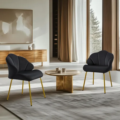 Vista 6 de Yaheetech Silla de tocador, silla decorativa de terciopelo con respaldo en forma de concha, sillón moderno con patas de metal dorado para Negro