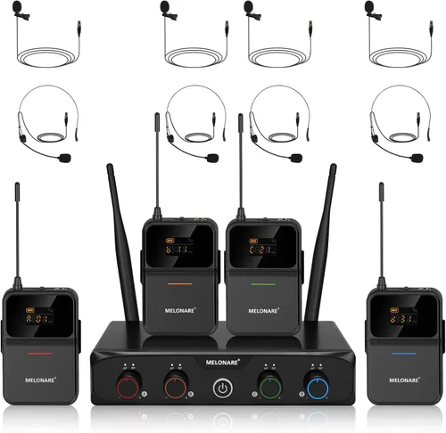 Vista 12 de MELONARE Sistema de micrófono inalámbrico de 4 canales, juego de micrófono inalámbrico UHF con frecuencias de 4x10, 200 pies, 2 micrófonos dinámicos