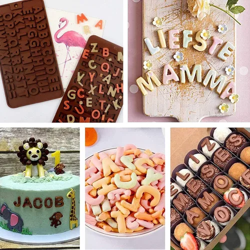 Vista 5 de 2 moldes de silicona para letras para chocolate y fondant, juego de moldes antiadherentes del alfabeto con raspador, decoración de pasteles