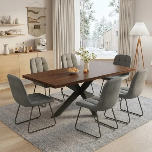 Vista 28 de 6-Piece Extendable Dining Table Set, Modern 63''–79'' Grey Wood Table with 6 Grey Fabric Chairs, Dining Room Table and Chairs for 6, Ideal for 1