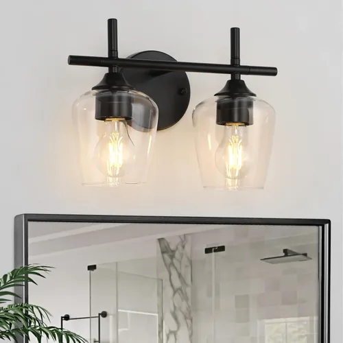 Vista 7 de Accesorios de luz de baño de 2 luces, Luz de tocador moderna negra, Lámpara de pared de baño para espejo, cocina, dormitorio, pasillo, sala