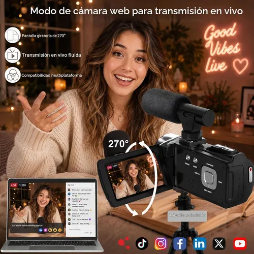 Vista 6 de Cámara de vídeo 4K 48MP para YouTube, videocámara compacta con micrófono