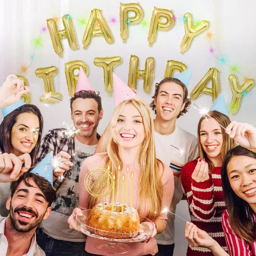Vista 2 de Juego de velas doradas de cumpleaños de 9 piezas, velas largas y delgadas para cumpleaños, decoración de pastel, globos de cumpleaños, velas