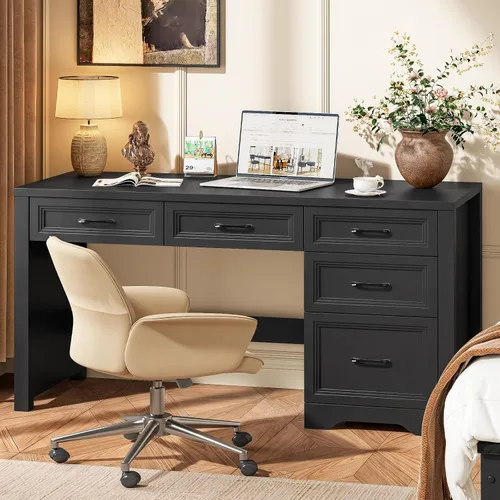Vista 8 de Halitaa Farmhouse 55.1" Executive Desk with 3 Drawers, Vintage White Antique White