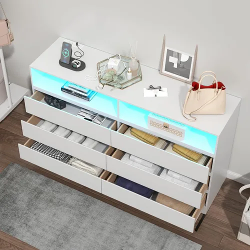 Vista 3 de Gyfimoie - Cómoda blanca de 6 cajones para dormitorio con toma de corriente Blanco