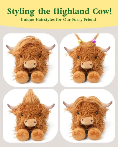Vista 4 de Cuckool Highland Cow - Animales de peluche, adorable animal de peluche esponjoso de ganado de las tierras altas, lindo peluche suave de vaca