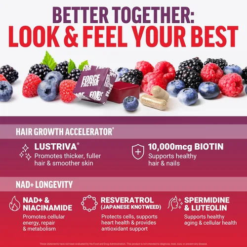 Vista 5 de Paquete de FORCE FACTOR NAD+ + Force Factor Hair Growth Accelerator Soft Chews, mezcla de bayas, 60 masticables suaves