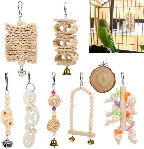 Vista 3 de Natural Wooden Parrot and Bird Toys Set Climbing Chew Toys 8 Pack with Swing Cage