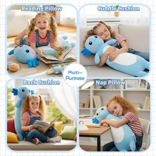 Vista 3 de Kekeso Animal de Peluche Ajolote Largo Almohada de Peluche de Salamandra, Suave Juguete de Peluche de Ajolote para Niños y Niñas, Regalos para Azul