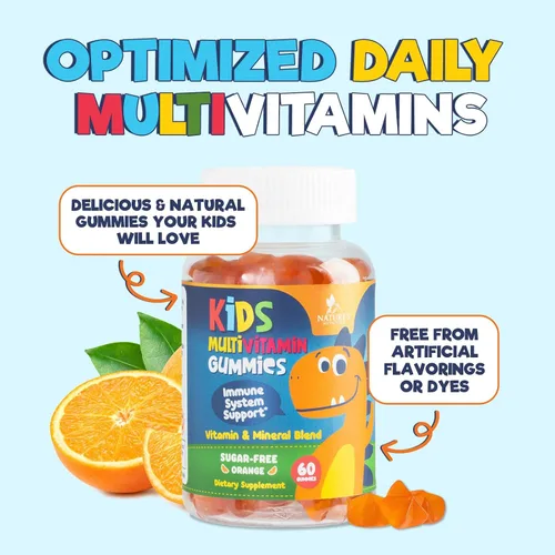 Vista 7 de Gomitas multivitamínicas para niños, sin azúcar, sabrosas gomitas de sabor a naranja, apoyo inmunológico diario con 100% vitamina B12, vitaminas