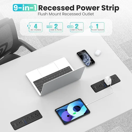 Vista 2 de Regleta de alimentación empotrable USB C GaN de 65W, 4 tomas de CA y 2 USB-C PD + 2 USB-A QC, estación de carga oculta de montaje empotrado