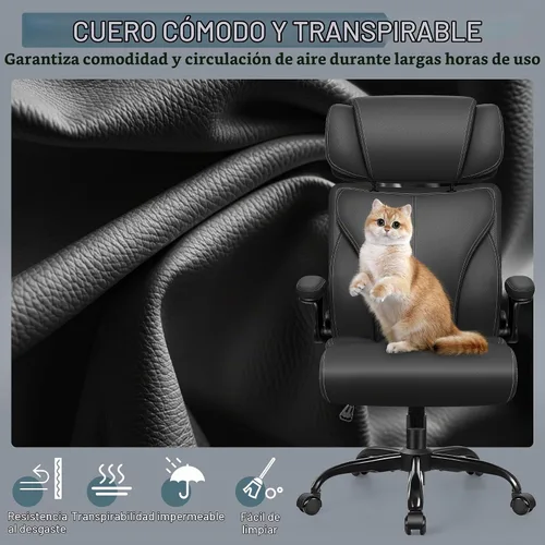 Vista 3 de Silla de oficina, silla ergonómica grande y alta para escritorio de computadora con reposacabezas ajustable retráctil, silla ejecutiva de cuero