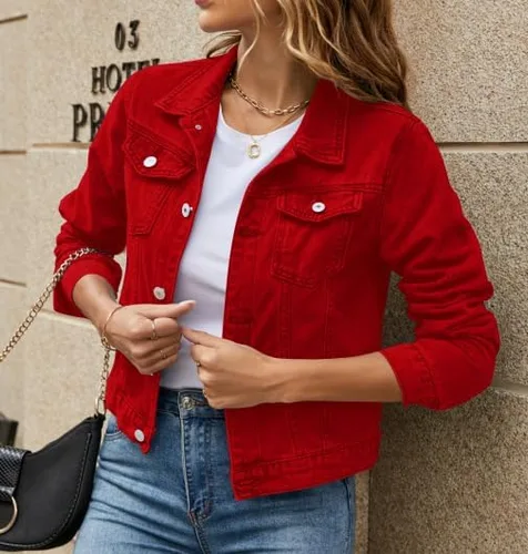 Vista 2 de Chvity Chaquetas de mezclilla para mujer, estilo casual, de manga larga, con botones, con bolsillos