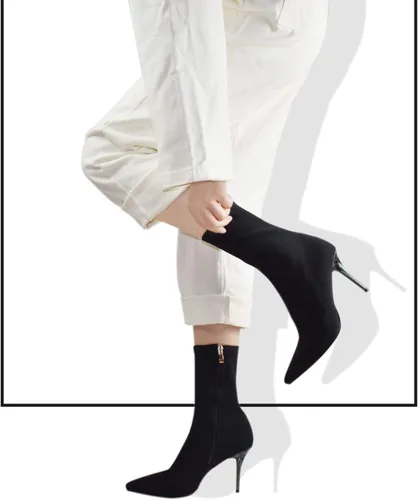 Vista 3 de vivianly Botines elásticos con punta puntiaguda, botas de tobillo a media pantorrilla, botas de tacón de aguja para mujer