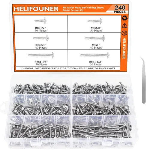 Vista 10 de HELIFOUNER Juego de 240 tornillos autoperforantes de cabeza avellanada #8 x1/2", 5/8", 3/4", 1", 1-1/4", 1-1/2" de cabeza avellanada, tornillos