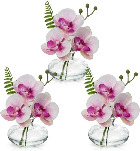 Vista 12 de Arreglo de orquídeas artificiales de flores artificiales en jarrones de vidrio